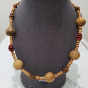 Vintage Chunky Natural Wood Beaded Necklace 24”
